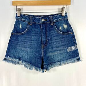And Now This Blue Denim Jean Cut Off Shortie Shorts Raw Hem Jorts Womens 24‎ NEW
